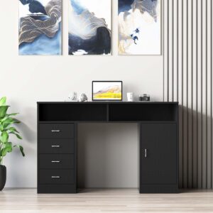 Karl home MDF Computer Desk with 4 Drawers and A Storage Cabinet, Home Office Desk Writing Desk with 2 Storage Compartments, Office Table for Bedroom Small Spaces, Black