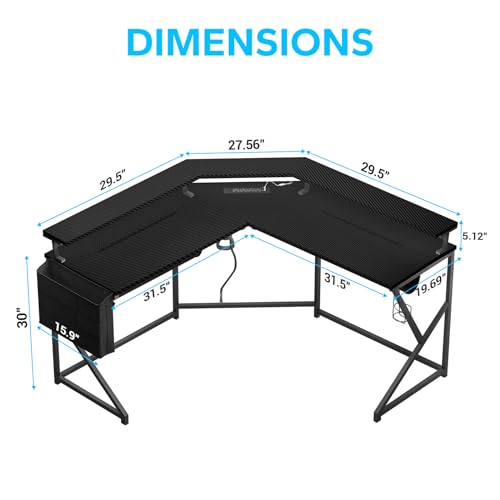 Fangflower L Shaped Computer LED Lights and Power Outlets, 51" Monitor Stand, Cup Holder, Corner Gaming Desk with Hooks for Home Office, Black