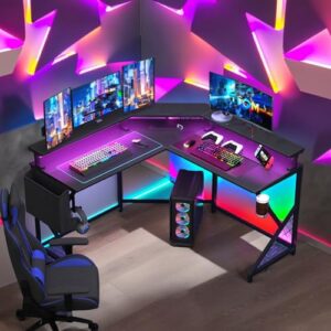 Fangflower L Shaped Computer LED Lights and Power Outlets, 51" Monitor Stand, Cup Holder, Corner Gaming Desk with Hooks for Home Office, Black