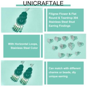 UNICRAFTALE 24pcs 12 Styles Stainless Steel Flower Stud Earrings with Loop Bohemian Hollow Flat Filigree Earrings Posts with Hole Teardrop Stud Earring Metal Ear Stud Component for Jewelry Making