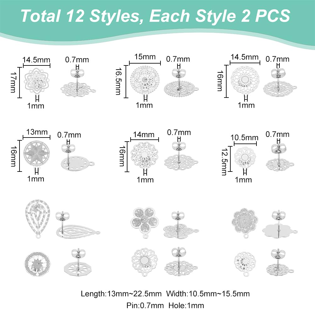 UNICRAFTALE 24pcs 12 Styles Stainless Steel Flower Stud Earrings with Loop Bohemian Hollow Flat Filigree Earrings Posts with Hole Teardrop Stud Earring Metal Ear Stud Component for Jewelry Making