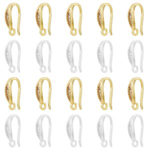 HOBBIESAY 20Pcs 2 Colors Brass Micro Pave Clear Cubic Zirconia Earring Hooks with Horizontal Loops Golden/Silver Earrings Round Lever Ornaments for Jewelry Making DIY Bracelet Necklace