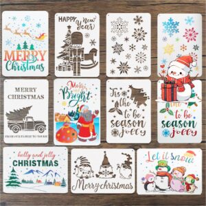 christmas stencils reusable, 9pcs farmhouse large merry christmas stencils for painting on wood winter decor,8 x 11 inch,snowflake chirstmas tree craft stencils