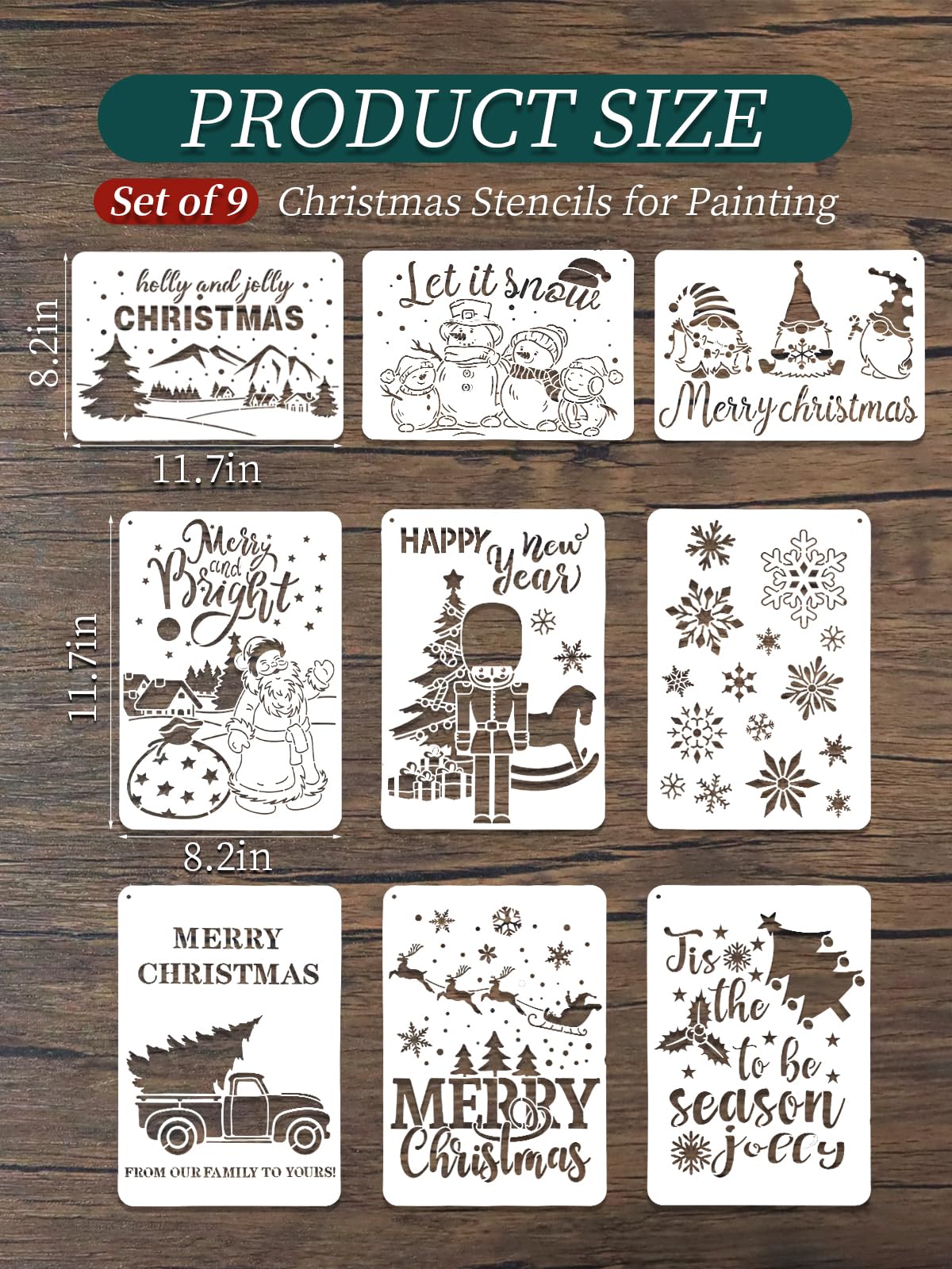 Christmas Stencils Reusable, 9Pcs Farmhouse Large Merry Christmas Stencils for Painting on Wood Winter Decor,8 X 11 Inch,Snowflake Chirstmas Tree Craft Stencils