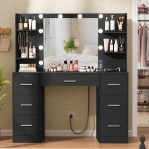 quimoo large vanity desk with led lighted mirror & power outlet,makeup vanity table with 7 drawers,4 shelves and 5 hooks, vanity table, vanity desk set for bedroom,bathroom, black