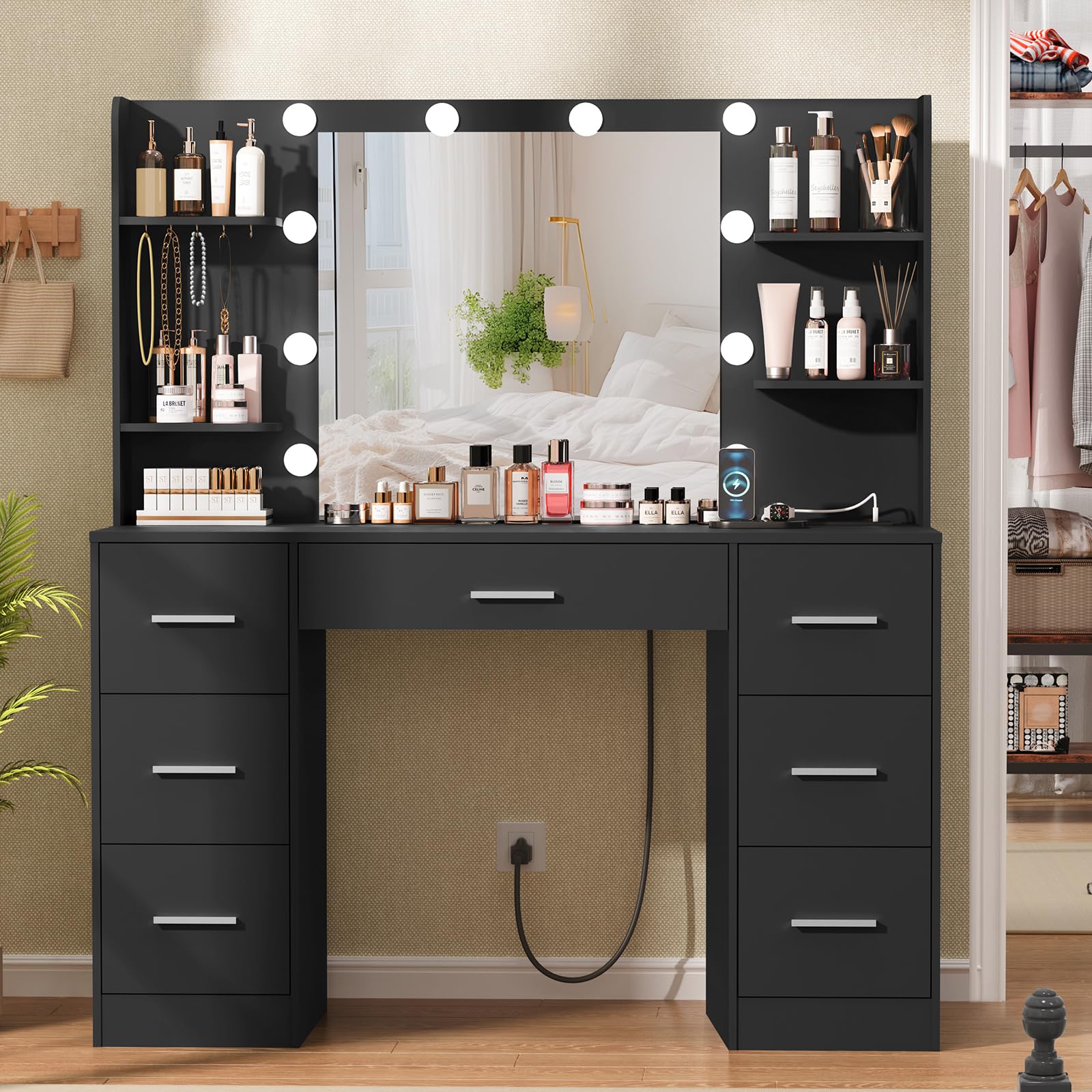 Quimoo Large Vanity Desk with LED Lighted Mirror & Power Outlet,Makeup Vanity Table with 7 Drawers,4 Shelves and 5 Hooks, Vanity Table, Vanity Desk Set for Bedroom,Bathroom, Black