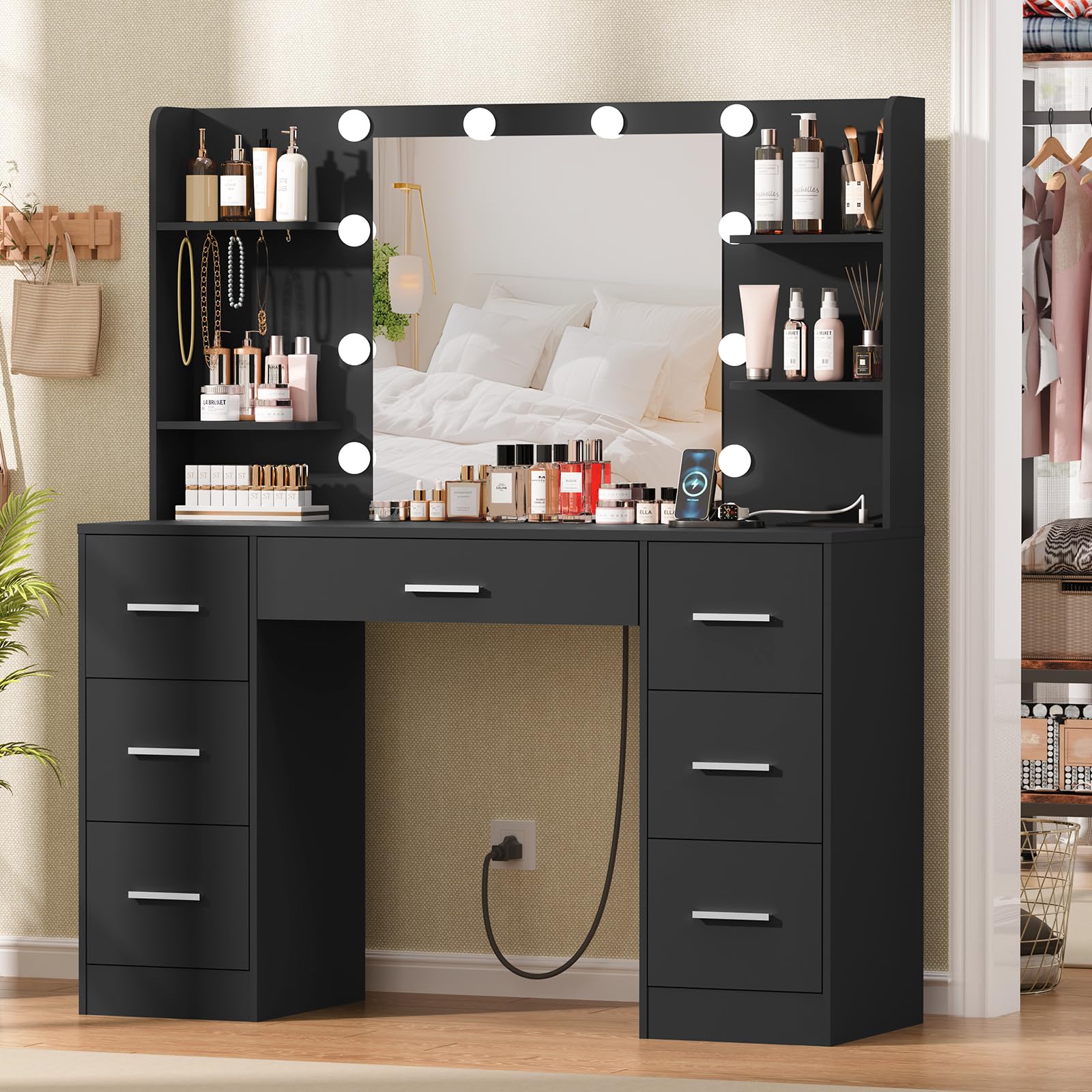 Quimoo Large Vanity Desk with LED Lighted Mirror & Power Outlet,Makeup Vanity Table with 7 Drawers,4 Shelves and 5 Hooks, Vanity Table, Vanity Desk Set for Bedroom,Bathroom, Black