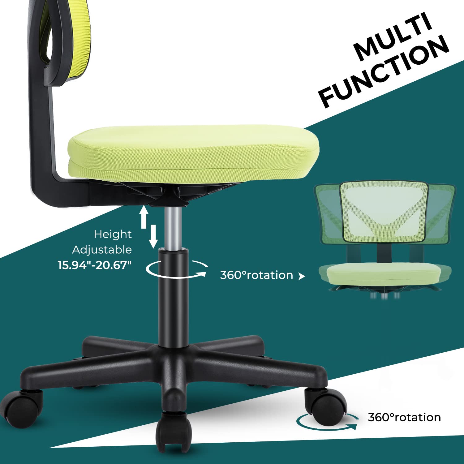 DUMOS Armless Desk Wheels Cute Home Office Chairs, Ergonomic Adjustable Swivel Rolling Task, Comfy Mesh Mid Back Computer Work Vanity Chair for Small Spaces, Green