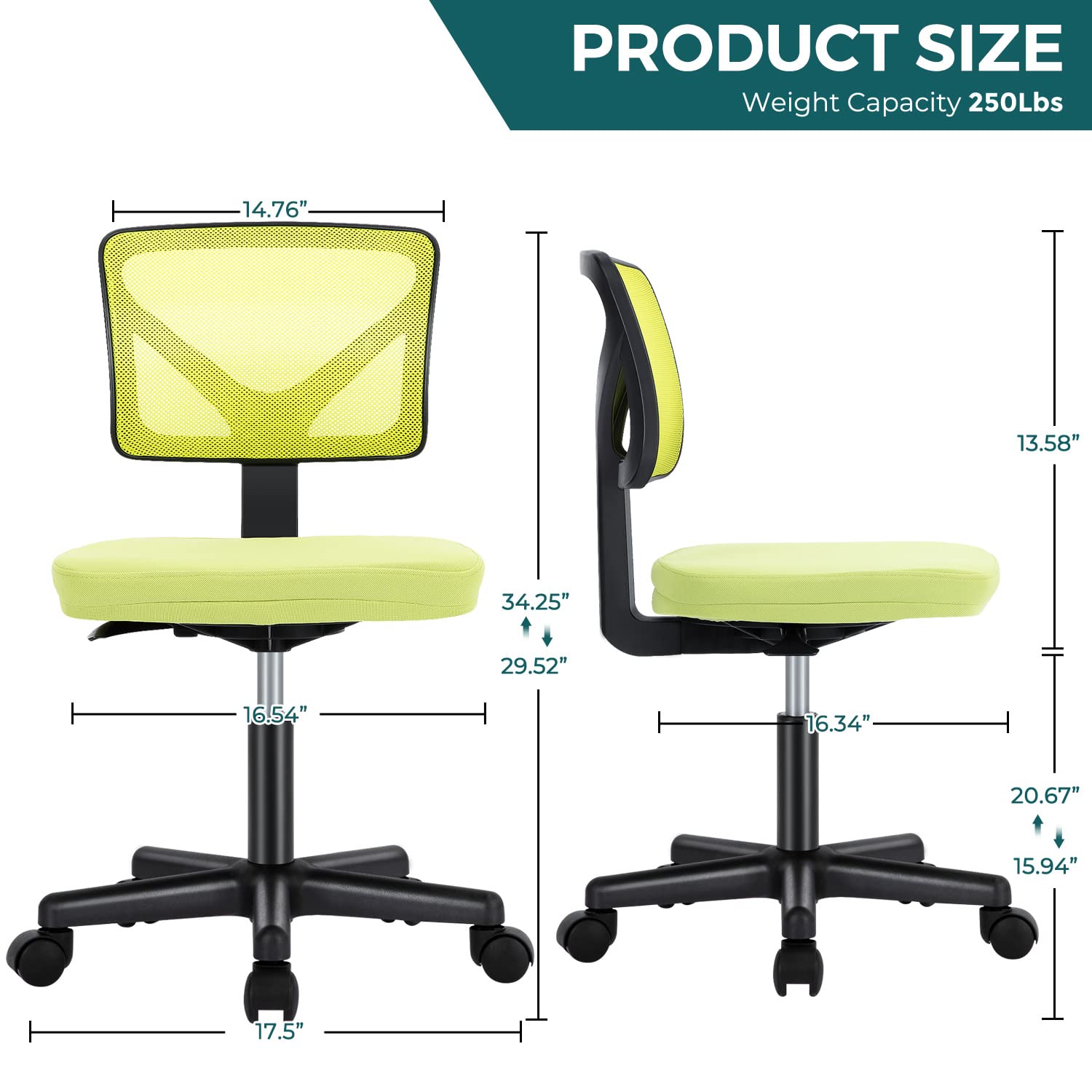 DUMOS Armless Desk Wheels Cute Home Office Chairs, Ergonomic Adjustable Swivel Rolling Task, Comfy Mesh Mid Back Computer Work Vanity Chair for Small Spaces, Green