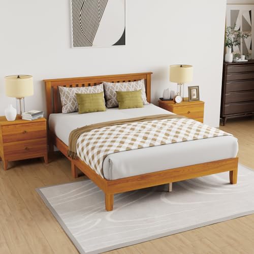 PayLessHere Wood Platform Bed Frame Solid Wood Foundation/Wood Slats Support/No Box Spring Needed/Easy Assembly,Brown (with Headboard, Queen)