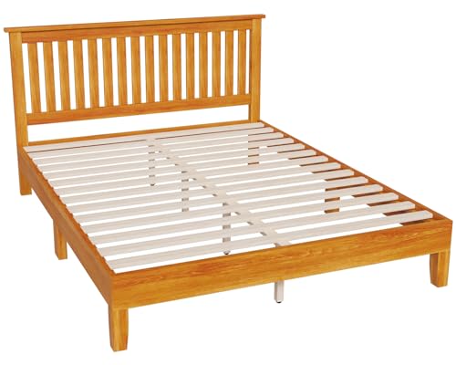 PayLessHere Wood Platform Bed Frame Solid Wood Foundation/Wood Slats Support/No Box Spring Needed/Easy Assembly,Brown (with Headboard, Queen)