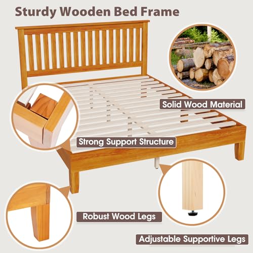 PayLessHere Wood Platform Bed Frame Solid Wood Foundation/Wood Slats Support/No Box Spring Needed/Easy Assembly,Brown (with Headboard, Queen)