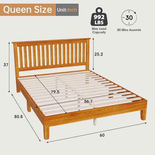 PayLessHere Wood Platform Bed Frame Solid Wood Foundation/Wood Slats Support/No Box Spring Needed/Easy Assembly,Brown (with Headboard, Queen)