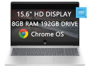 hp chromebook 15.6-inch hd laptop for college student & business, intel processor n200, 8gb ram 192gb(64gb ssd+128gb card), webcam, bluetooth, usb-c, wi-fi, fast charge, chrome os, lioneye bundle