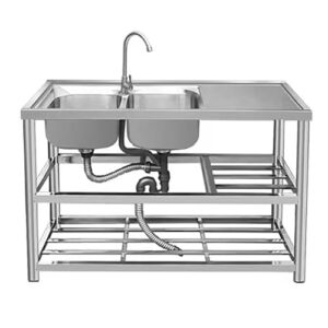 laundry utility sink freestanding utility sink commercial stainless steel double bowl with workbench and storage shelves with faucet for garage restaurant kitchen laundry room. ( color : cold alone le