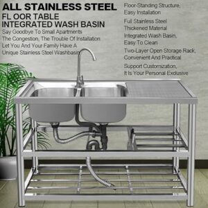 Laundry Utility Sink Freestanding Utility Sink Commercial Stainless Steel Double Bowl with Workbench and Storage Shelves with Faucet for Garage Restaurant Kitchen Laundry Room. ( Color : Cold alone Le