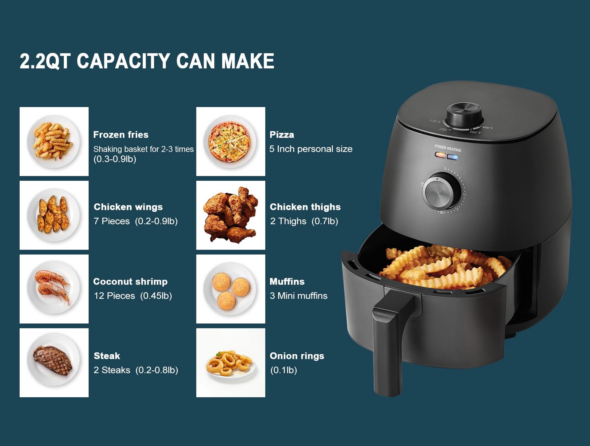 Compact 2.2 Quart Air Fryer, Non-Stick, Dishwasher Safe Basket, 1150W, Black