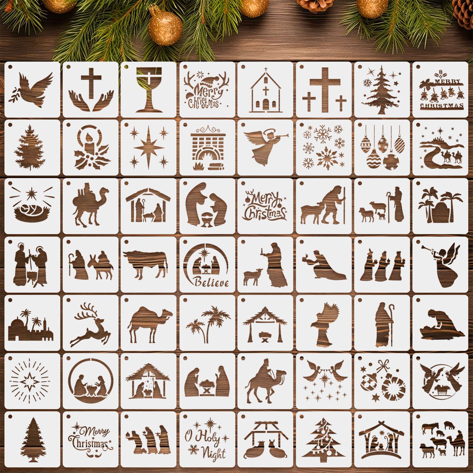 Augshy 56 Pack Christmas Nativity Stencils for Painting on Wood DIY Nativity Scene Stencils for Painting Scrapbooking Drawing Wall Floor Decor DIY Rock Painting Art Projects (3 Inch)