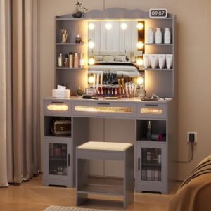 vlsrka vanity desk with mirror and lights, 43" large makeup vanity set with charging station, power outlets, vanity table with light bulbs, 3 colors lighting modes, adjustable brightness (grey)