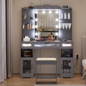 Vlsrka Vanity Desk with Mirror and Lights, 43" Large Makeup Vanity Set with Charging Station, Power Outlets, Vanity Table with Light Bulbs, 3 Colors Lighting Modes, Adjustable Brightness (Grey)