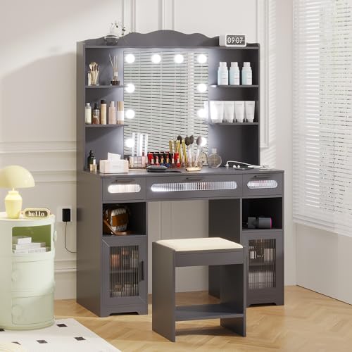 Vlsrka Vanity Desk with Mirror and Lights, 43" Large Makeup Vanity Set with Charging Station, Power Outlets, Vanity Table with Light Bulbs, 3 Colors Lighting Modes, Adjustable Brightness (Grey)