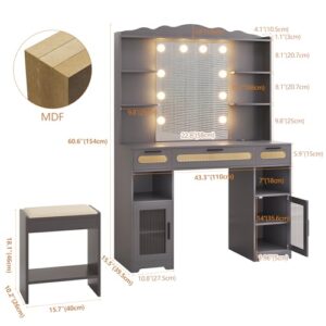 Vlsrka Vanity Desk with Mirror and Lights, 43" Large Makeup Vanity Set with Charging Station, Power Outlets, Vanity Table with Light Bulbs, 3 Colors Lighting Modes, Adjustable Brightness (Grey)