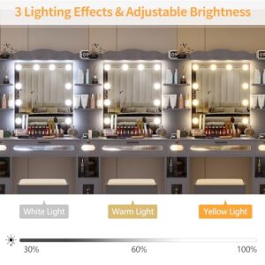 Vlsrka Vanity Desk with Mirror and Lights, 43" Large Makeup Vanity Set with Charging Station, Power Outlets, Vanity Table with Light Bulbs, 3 Colors Lighting Modes, Adjustable Brightness (Grey)