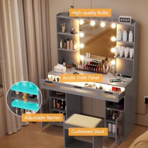 Vlsrka Vanity Desk with Mirror and Lights, 43" Large Makeup Vanity Set with Charging Station, Power Outlets, Vanity Table with Light Bulbs, 3 Colors Lighting Modes, Adjustable Brightness (Grey)