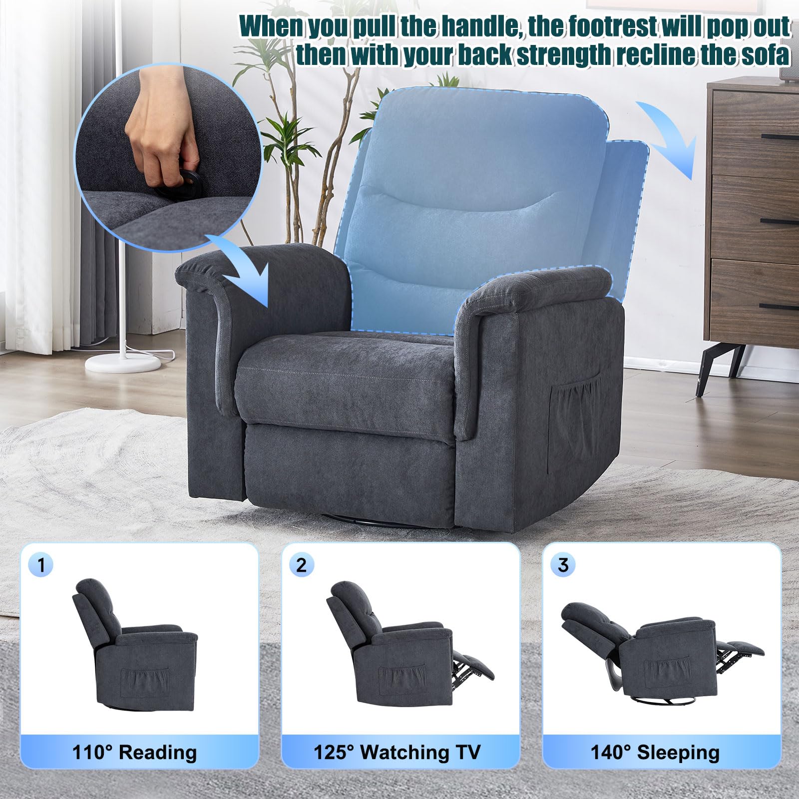 Consofa Swivel Rocker Recliner, Swivel Rocker Recliner Chairs for Adults, Manual Rocking Recliner Chair, 360 Degree Swivel Glider Recliner Chair, Overstuffed Manual Rocking Recliner for Living Room