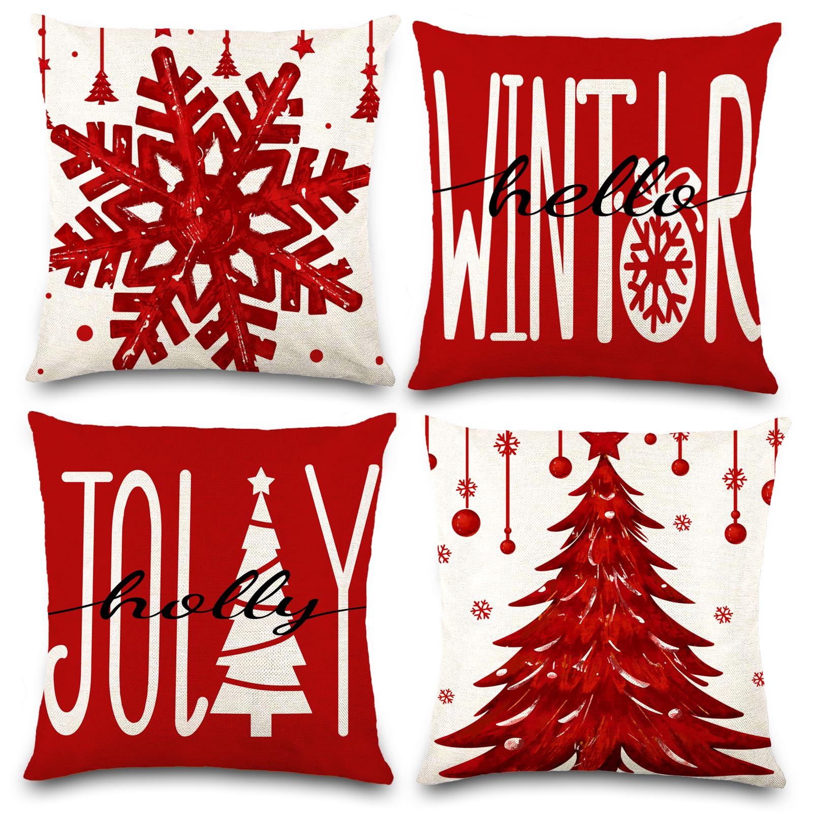 DIYDEC 4PCS Christmas Pillow Covers 18x18 inch Winter Throw Pillow Covers Red Christmas Tree Snowflake Pillow Covers Hello Winter Holly Jolly Decor Cushion Case for Holiday Home Sofa Couch