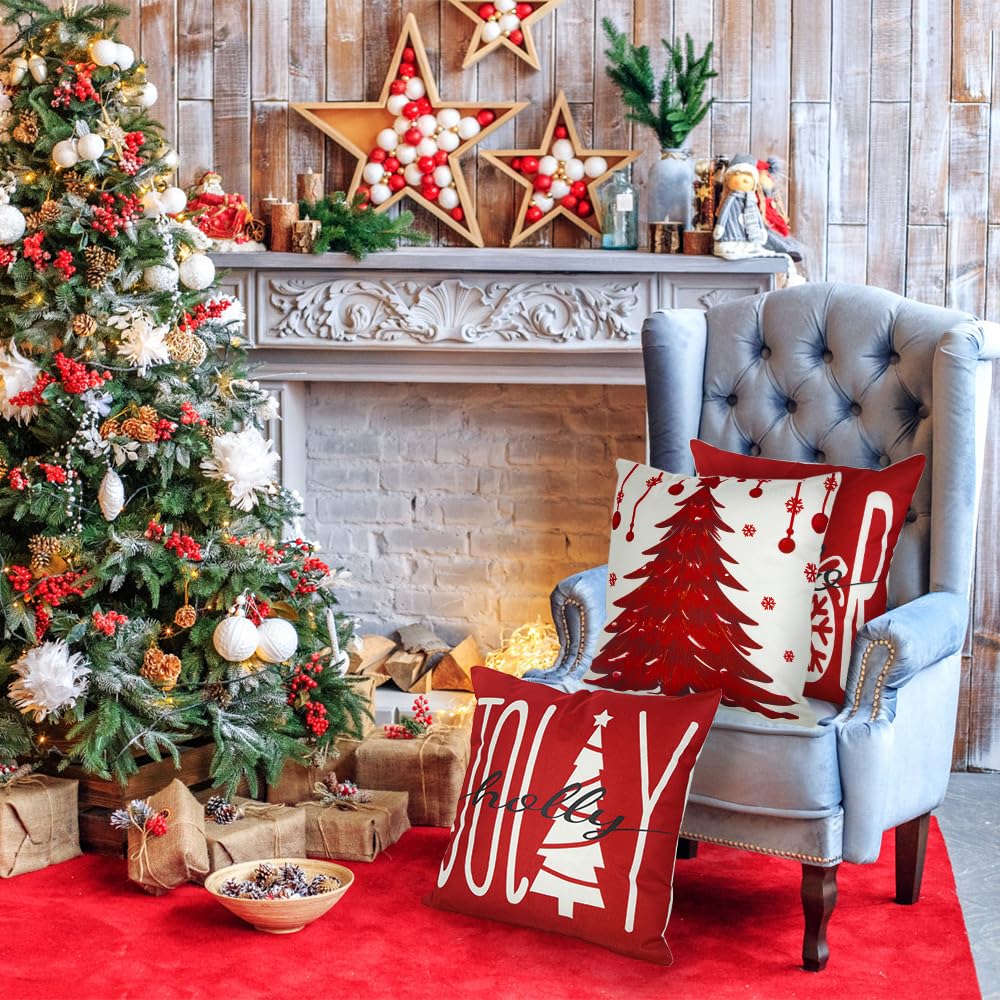 DIYDEC 4PCS Christmas Pillow Covers 18x18 inch Winter Throw Pillow Covers Red Christmas Tree Snowflake Pillow Covers Hello Winter Holly Jolly Decor Cushion Case for Holiday Home Sofa Couch