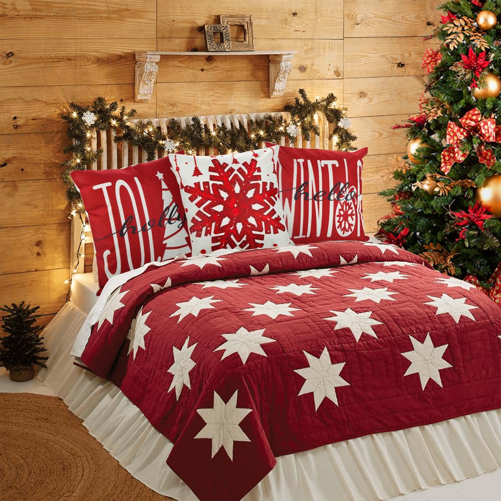 DIYDEC 4PCS Christmas Pillow Covers 18x18 inch Winter Throw Pillow Covers Red Christmas Tree Snowflake Pillow Covers Hello Winter Holly Jolly Decor Cushion Case for Holiday Home Sofa Couch