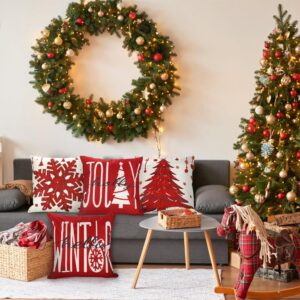 DIYDEC 4PCS Christmas Pillow Covers 18x18 inch Winter Throw Pillow Covers Red Christmas Tree Snowflake Pillow Covers Hello Winter Holly Jolly Decor Cushion Case for Holiday Home Sofa Couch