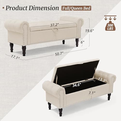 Cozyman Storage Bench, 50” Queen Linen Tufted Button End of Bed Bench with Rolled Arm and Nailhead Trim, Upholstered Bedroom Bench, Ottoman Bench for End of Bed, Living room, Entryway, Linen Color