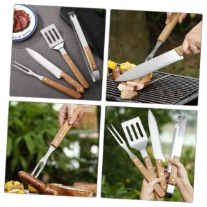 Happyyami 4 Sets barbecue and fork tools cooking grilling cutter brisket slicing stainless steel bbq tools outdoor tableware outdoor bbq fork travel portable wooden handle