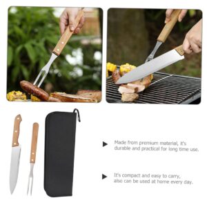 Happyyami 4 Sets barbecue and fork tools cooking grilling cutter brisket slicing stainless steel bbq tools outdoor tableware outdoor bbq fork travel portable wooden handle