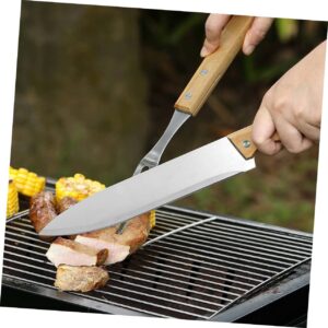 Happyyami 4 Sets barbecue and fork tools cooking grilling cutter brisket slicing stainless steel bbq tools outdoor tableware outdoor bbq fork travel portable wooden handle