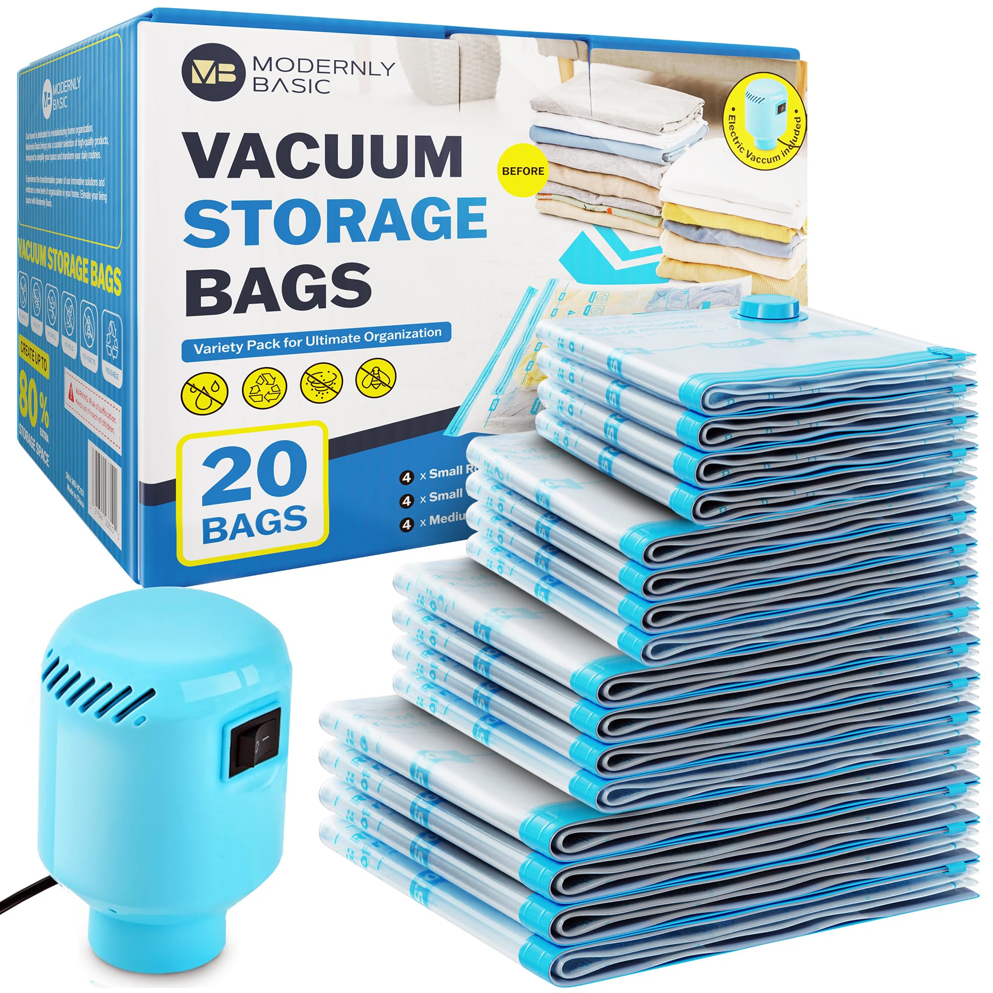 20 Pack Vacuum Storage Bags with Electric Pump, (4 Jumbo/4 Large/ 4 Medium/ 4 Small/ 4 Roll) Vacuum Sealed bags for clothing, Comforters, Blankets, Bedding - Space Saver Vacuum Storage Bags