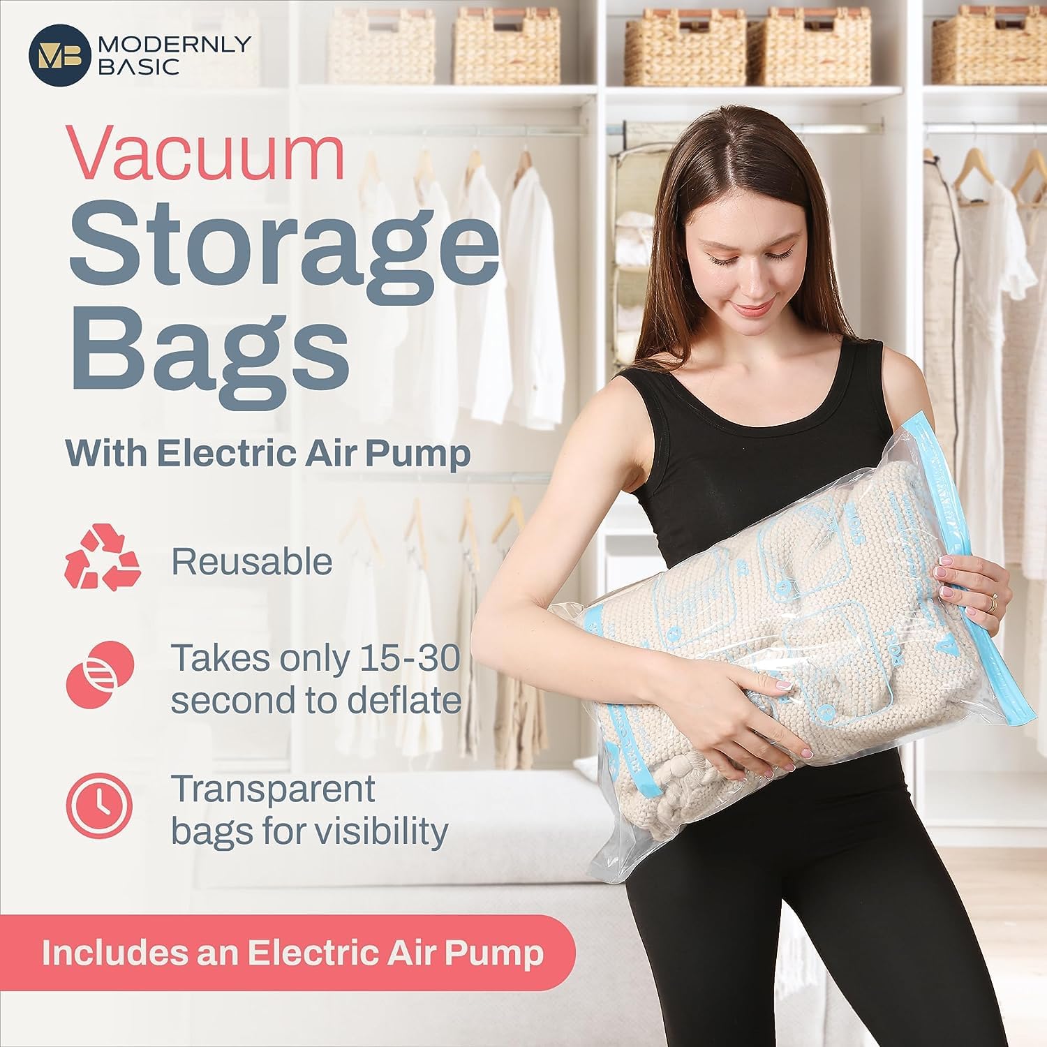 20 Pack Vacuum Storage Bags with Electric Pump, (4 Jumbo/4 Large/ 4 Medium/ 4 Small/ 4 Roll) Vacuum Sealed bags for clothing, Comforters, Blankets, Bedding - Space Saver Vacuum Storage Bags