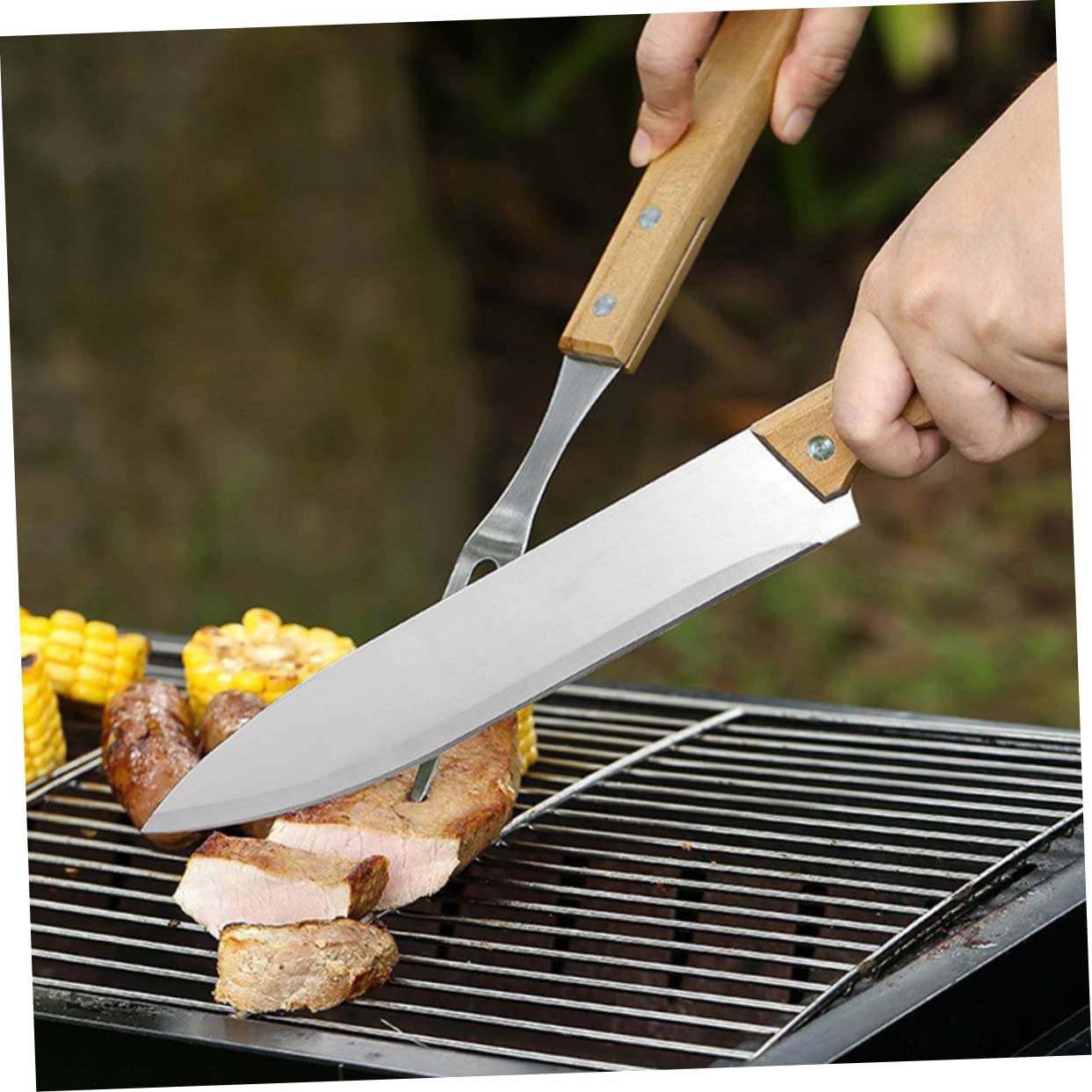 Happyyami 5 Sets barbecue and fork tools cooking grilling cutter kitchen dinnerware tools grilled serving fork bbq grill portable barbecue grill cutter heavy beef wooden handle travel