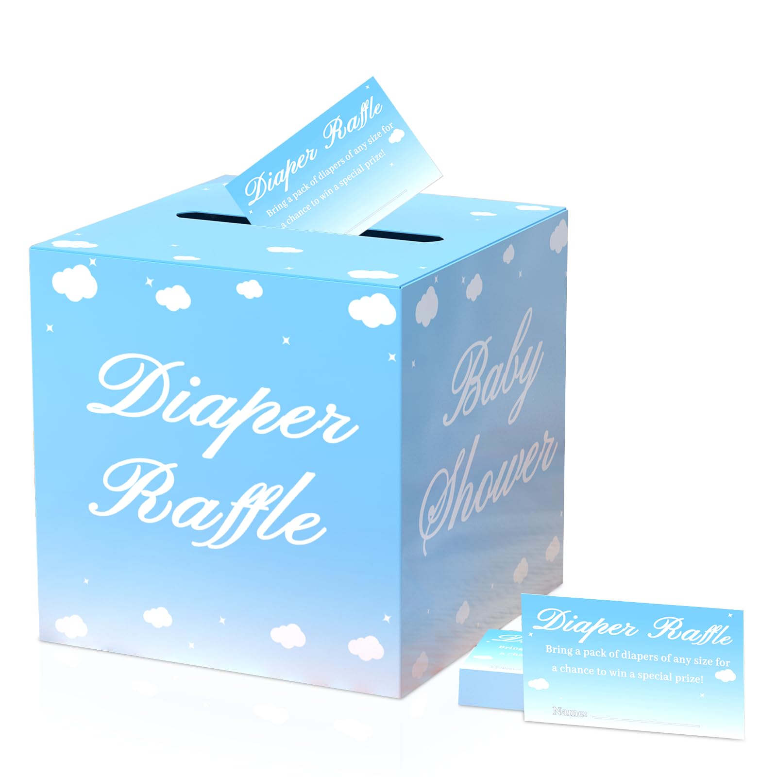 QISOLIY 50 Pieces Diaper Raffle Tickets with Box Baby Shower Game Invitations Diaper Raffle Cards Diaper Raffle Box Set for Baby Shower Gender Reveal Party Supplies Card Box (Blue)