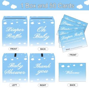 QISOLIY 50 Pieces Diaper Raffle Tickets with Box Baby Shower Game Invitations Diaper Raffle Cards Diaper Raffle Box Set for Baby Shower Gender Reveal Party Supplies Card Box (Blue)