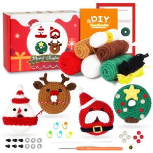 crochet kit for beginners,4 pcs christmas crochet animal kit donut decoration set with step-by-step video tutorial,for kids and adult learn to crochet,christmas decoration gifts,30%+ yarn