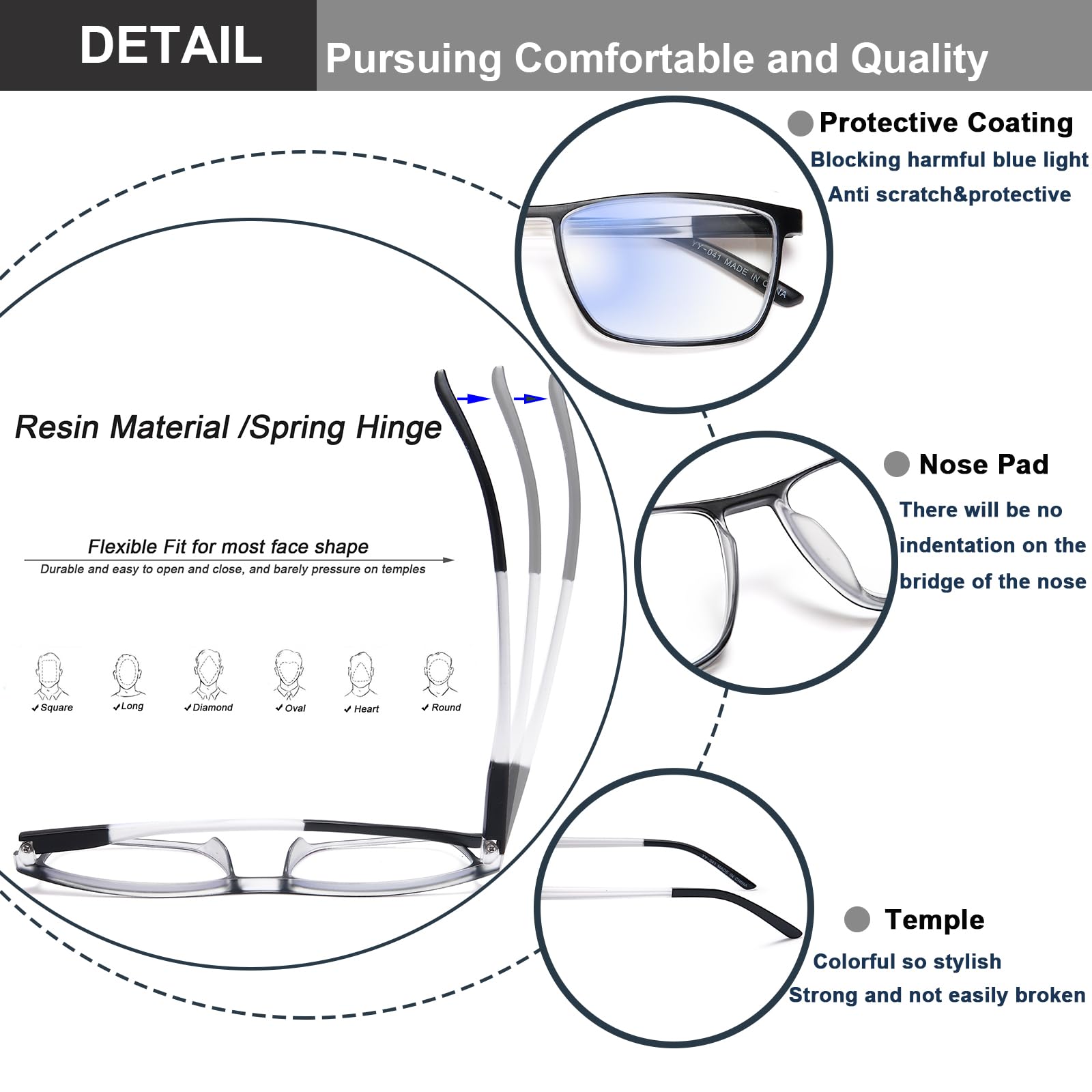 EYEURL 4 Pack Reading Glasses for Men and Women - Blue Light Blocking Readers with Spring Hinges+1.75