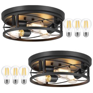 Feanron Flush Mount Ceiling Light Fixture, Black 3-Light Hallway Light Fixtures Ceiling, Light Fixtures Ceiling Mount for Farmhouse, Kitchen, Living Room (2 Pack, A19 LED Bulbs Included)