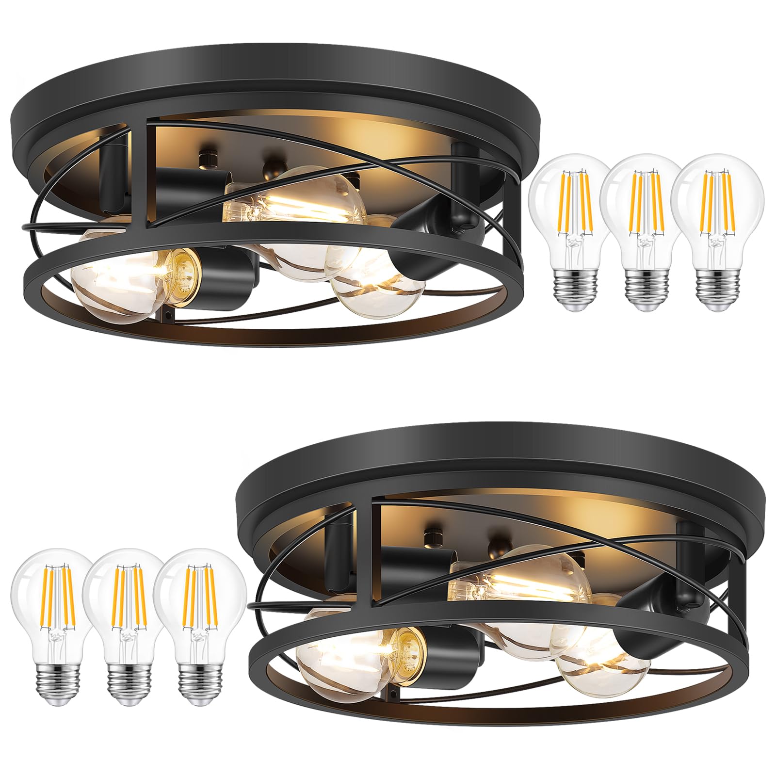 Feanron Flush Mount Ceiling Light Fixture, Black 3-Light Hallway Light Fixtures Ceiling, Light Fixtures Ceiling Mount for Farmhouse, Kitchen, Living Room (2 Pack, A19 LED Bulbs Included)