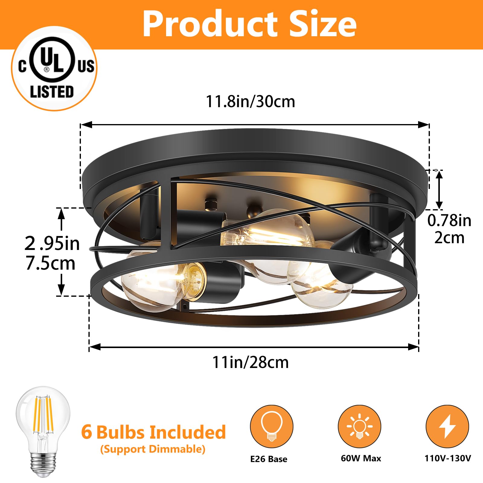 Feanron Flush Mount Ceiling Light Fixture, Black 3-Light Hallway Light Fixtures Ceiling, Light Fixtures Ceiling Mount for Farmhouse, Kitchen, Living Room (2 Pack, A19 LED Bulbs Included)