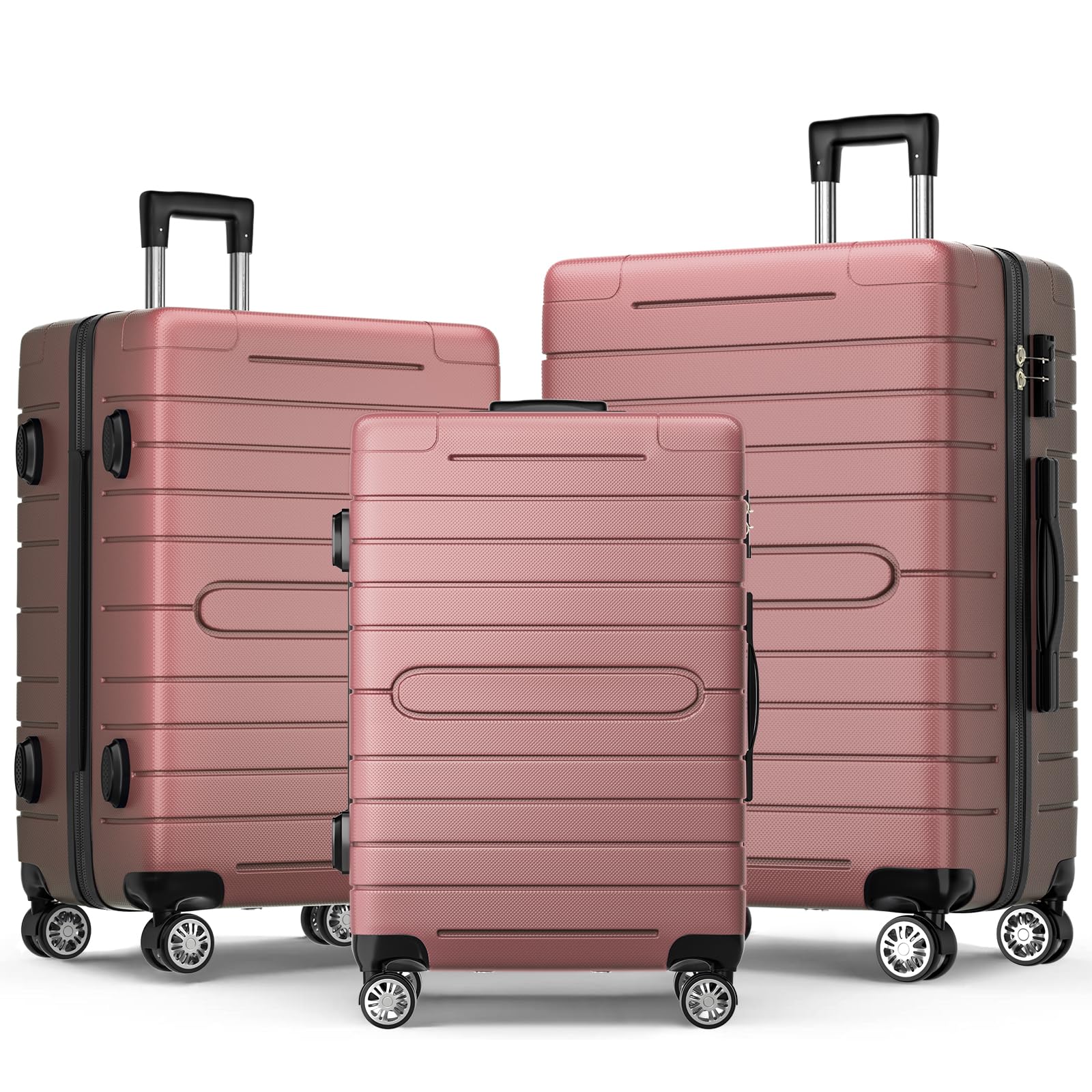 Fujampe 3 Piece Luggage Set, Lightweight Pink Hardshell Luggage Sets with Spinner Wheels & TSA Lock, Carry on Suitcase 3 Piece Sets 20''/24''/28'' (Rose Gold)