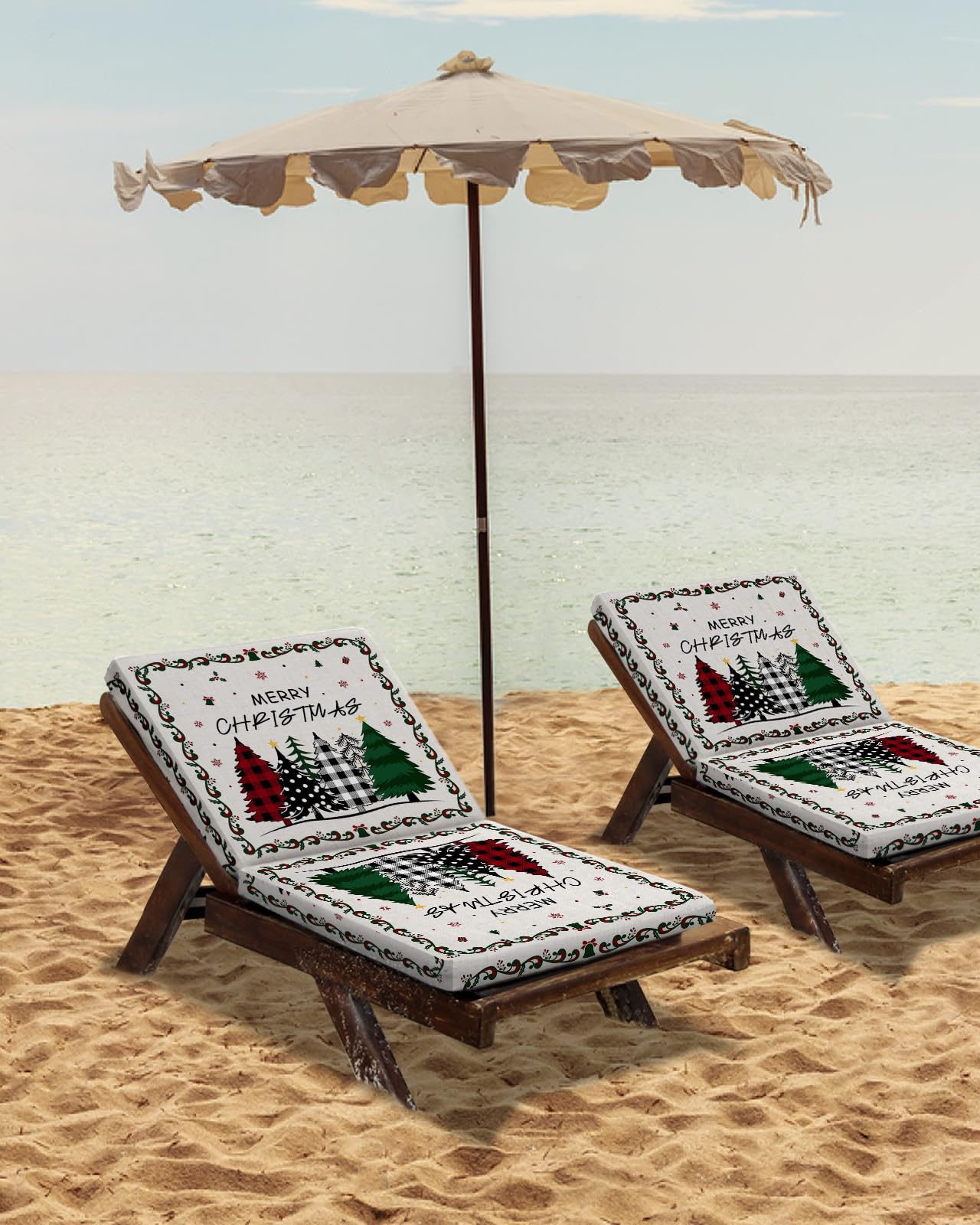 Merry Christmas Tree Outdoor Cushion Chair Cover Set of 2 - Waterproof Couch Seat Covers, Red Plaid Green Xmas Tree Snowflake Patio Furniture Protector Slipcovers for Sofa/Garden/RV, 20"x18"x4"