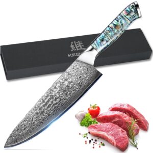 KEIZOKU Damascus Steel Chef Knife 8 Inch, Japanese Professional 10Cr15MOV Blade with Hand Forged Hammer Pattern, Ultra Sharp Kitchen Knife with Abalone Shell Ergonomic Handle